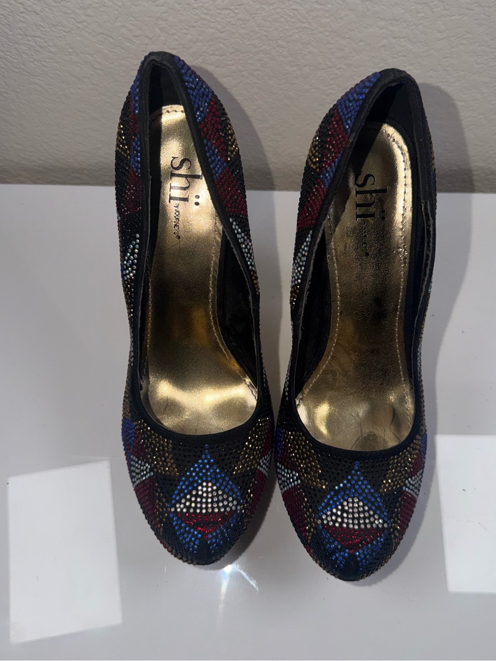 Shi by JOURNEYS Black Pumps with Blue and Red Geometric Embellishments